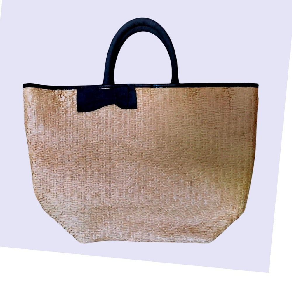 Woven Straw Vacation Tote Bag with Black Bow and Pink Gingham Lining Beach Bag